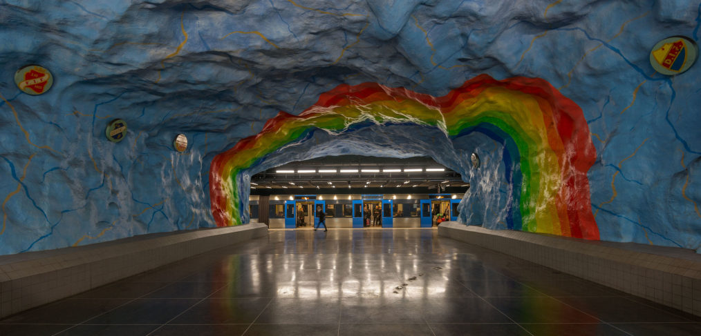 Public art adorns the walls of Stockholm's Stadion station, Sweden