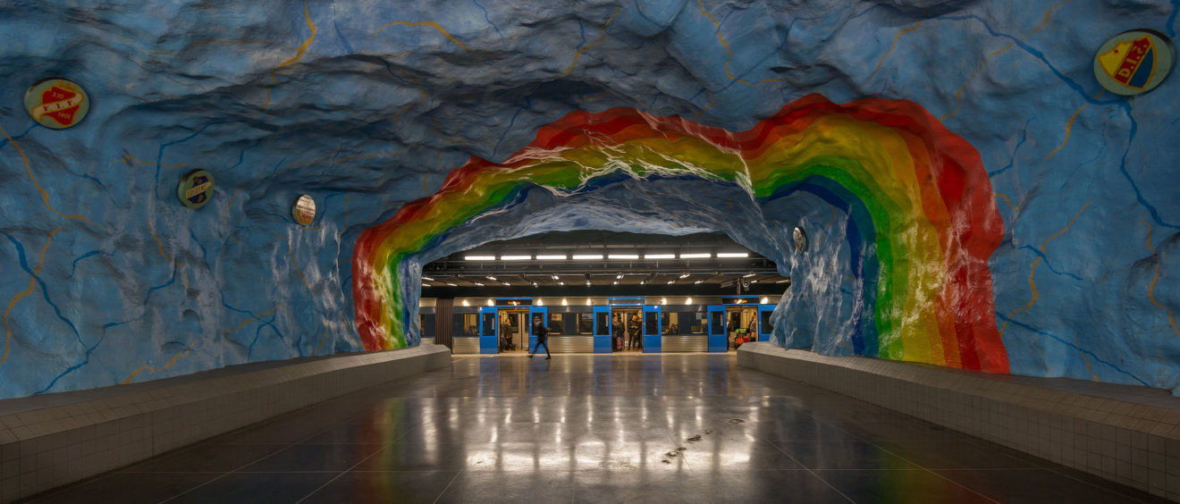 Public art adorns the walls of Stockholm's Stadion station, Sweden